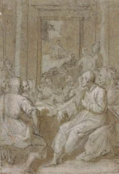 Das letzte Abendmahl, mit Blick auf Christus im Garten Gethsemane durch die Tür im Hintergrund