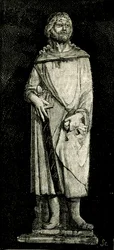 Julian der Gastfreundliche, Statue von Andrea Della Robbia (1435-1525 oder 1528), Oratorium der Madonna del Buon Consiglio, Prato, Toskana, Italien, Holzschnitt aus Le cento citta d