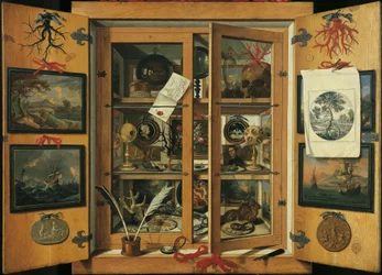 Kuriositätenkabinett (mit Glastüren) mit verschiedenen Objekten, von Andrea Dominico Remps (1621-1699)