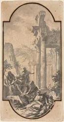 Figuren in der Nähe der Ruinen eines korinthischen Tempels (recto)