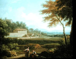 Landschaft mit ruhenden Figuren und einer Stadt im Hintergrund