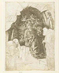 Maria mit Kind umgeben von Engeln in einer Grotte mit Josef und König in Anbetung