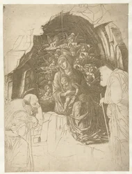 Maria mit Kind umgeben von Engeln in einer Grotte mit Josef und König in Anbetung