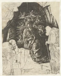 Maria mit Kind umgeben von Engeln in einer Grotte mit Josef und König in Anbetung