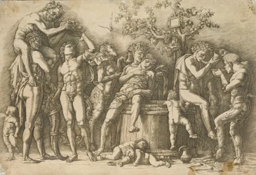 Bacchanal mit einem Weinfass, ca. 1470-90 (Gravur und Kaltnadelradierung)