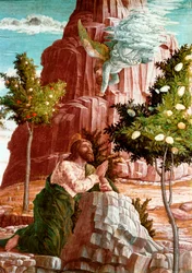 Christus betet im Garten Gethsemane. Detail. Predella des Altars von San Zeno in Verona. Gemälde von Andrea Mantegna