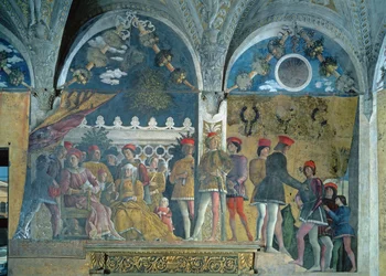 Marchese Ludovico Gonzaga III, seine Frau Barbara von Brandenburg, ihre Kinder, Höflinge und ihr Hund Rubino, aus der Camera degli Sposi oder Camera Picta, 1465-74