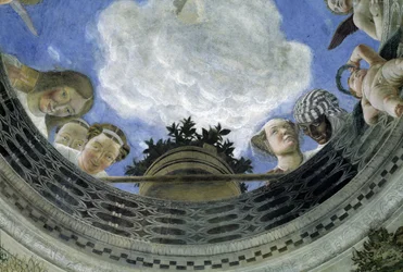 Oculus an der Decke des Hauses der Eheleute, Herzogspalast von Mantua, Italien (Camera degli Sposi, Palazzo Ducale, Mantova): Detail mit allegorischen Figuren und Putten