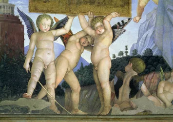 Putti mit Schmetterlingsflügeln, die die Widmungstafel tragen, aus der Camera degli Sposi oder Camera Picta (Detail)