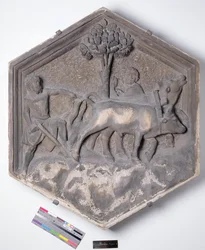 Die Kunst der Landwirtschaft, sechseckige dekorative Reliefkachel aus einer Serie, die die Praktiker der Künste und Wissenschaften darstellt, möglicherweise basierend auf Entwürfen von Giotto (ca. 1266-1337) ca. 1334-1348