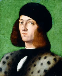 Porträt eines jungen Gentlemans, Brustbild, mit schwarzer Mütze und schwarzem Mantel, 1506