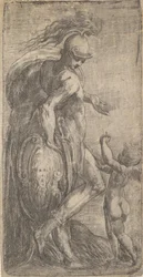 Mars steht links und lehnt sich an ein Schild, Amor rechts, ca. 1542-46