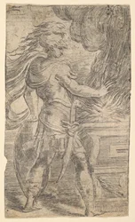 Mutius Scaevola legt seine Hand in die Flammen, linke Hälfte einer Komposition, ca. 1540