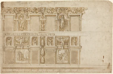 Prunkvolle Wand mit Skulpturen und Gemälden verziert