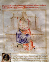 Allegorie der Klugheit in „Chansonne des sept Vertus et des sept Arts liberales destinee a Bruzio Visconti“ (La Canzone delle Virtu e delle Scienze) von Bartolomeo di Bartoli. Aquarell von Andrea di Bartoli (aktiv zwischen 1358 und 1368)