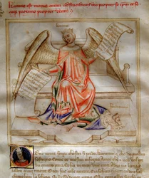 Allegorie der Nächstenliebe, die Herodes I. den Großen zu Füßen tritt, in „Song of the Seven Vertus and the Seven Liberals Arts destinee for Bruzio Visconti“ (La Canzone delle Virtu e delle Scienze) von Bartolomeo di Bartoli. Aquarell von Andrea di Bartoli