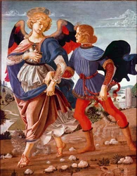 Tobias und der Engel: Tobias wird von seinem blinden Vater beauftragt, die Fischgalle zu finden, und vom Erzengel Raphael begleitet. Gemälde aus der Schule Andrea del Verrocchios (1435-1488), 1470-1480. National Gallery, London
