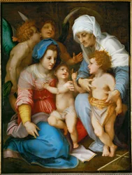 Die Heilige Familie. Maria, Jesus, Johannes der Täufer und seine Mutter Elisabeth