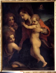Die Jungfrau, das Jesuskind, der heilige Johannes und zwei Engel. Gemälde von Andrea del Sarto (1486-1531) 16. Jahrhundert. Madrid, Prado-Museum