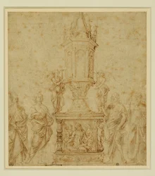 Schule von Verrocchio. Reliquiar zwischen einem Heiligen
