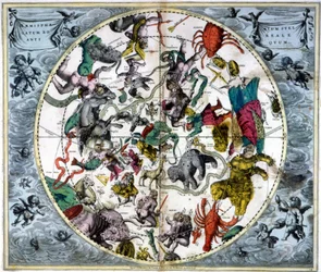 Himmelskarte und Tierkreiszeichen - Faksimile einer antiken Komposition, die die Sternbilder des nördlichen Himmels darstellt, basierend auf André Cellarius