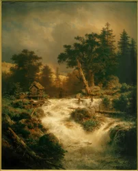 Nordischer Wasserfall mit Regenbogen