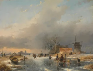 Eine Winterlandschaft, rechts eine Mühle und Wohnhäuser an einem zugefrorenen Kanal