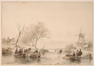 Ein zugefrorener Kanal, links ein Pferd vor einem Torfschlitten