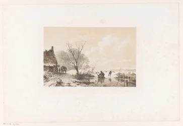 Schlittschuhläufer und Mann mit Schlitten auf gefrorenem Fluss