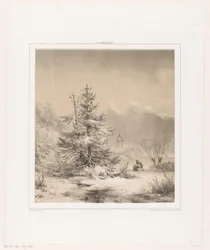 Winterlandschaft mit Nadelbäumen und Mann mit Schlitten