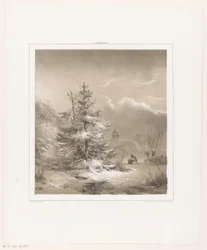 Winterlandschaft mit Nadelbäumen und Mann mit Schlitten