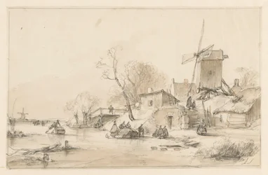 Winterlandschaft mit einer Mühle und einigen Häusern auf einem Deich rechts