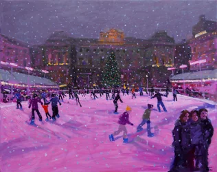 Weihnachtseislaufen, Somerset House mit rosa Lichtern, 2014