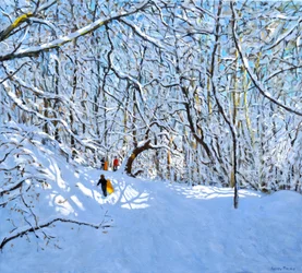 Gelbe und orange Schlitten, Allestree Park, Derby. 36 x 40, 2018