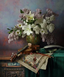 Stillleben mit Geige und Blumen