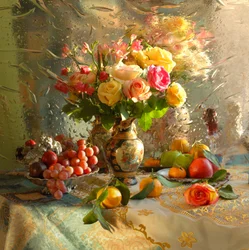 Sonnenbeschienene Blumen- und Fruchternte