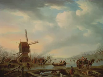 Weitläufige Winterlandschaft mit Schlittschuhläufern
