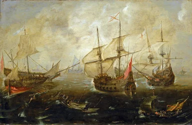 Manöver zwischen britischen (rechts) und spanischen Schiffen, die Boote nähern sich einander, sahen schwer beladen aus, wahrscheinlich mit Soldaten