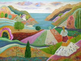 Frau in bunter Landschaft