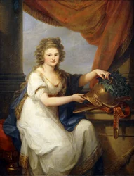 Porträt der Gräfin Catherine Skavronska, sitzend in Dreiviertellänge, in neoklassischem Kleid, vor einem drapierten Vorhang, einen Helm mit der Inschrift "Potemkin Taurico" mit einem Kranz schmückend, 1789