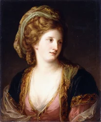 Porträt des Künstlers, Büste, in einem rosa Kleid und einem goldbestickten blauen Gewand, 1767