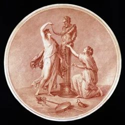 Nymphen schmücken eine Statue des Pan, graviert von William Wynne Ryland, 1776