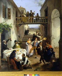 Hochzeitsessen im Hof. Gemälde von Angelo Inganni