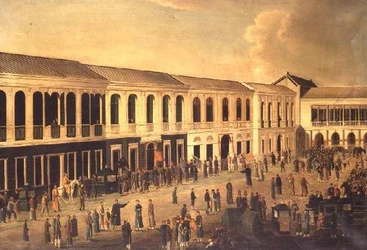 Ein Blick auf die Hongs an der Uferpromenade von Kanton, ca. 1825