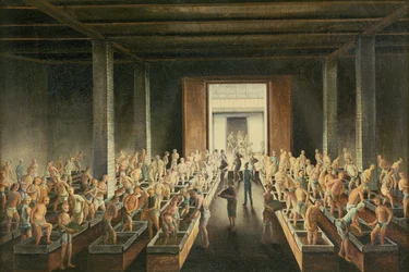 Füllen von Teekisten; und Teeverarbeitung im ersten Prozess, ca. 1820