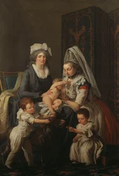 Porträt einer Dame, in einem Innenraum mit ihrer Amme und drei Kindern