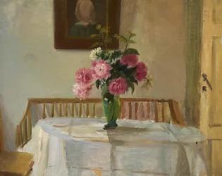 Interieur aus Anchers Haus in Markvej, Skagen, mit rosa Chrysanthemen in einer Vase auf einem Tisch