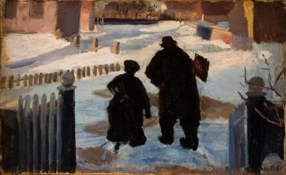 Michael Ancher auf dem Weg zu seinem Atelier, begleitet von der Organistin Helene Christensen
