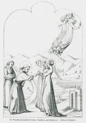 St. Franziskus begegnet Armut, Keuschheit und Gehorsam