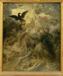 Die Schatten der französischen Helden, von Ossian im luftigen Elysium empfangen. Satirische Replik des großen ...